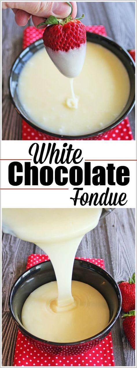 This recipe for White Chocolate Fondue couldn’t be easier. It only has three ingredients and tastes like a dream! It’s fabulous with strawberries, cinnamon bears, pound cake, dried mang… Chocolate Fondue Bar, White Chocolate Fondue, Easy Chocolate Fondue Recipe, Fondue Dippers, Dessert Fondue, Fondue Dinner, Mousse Au Chocolat Torte, Chocolate Fondue Recipe, Fondue Night