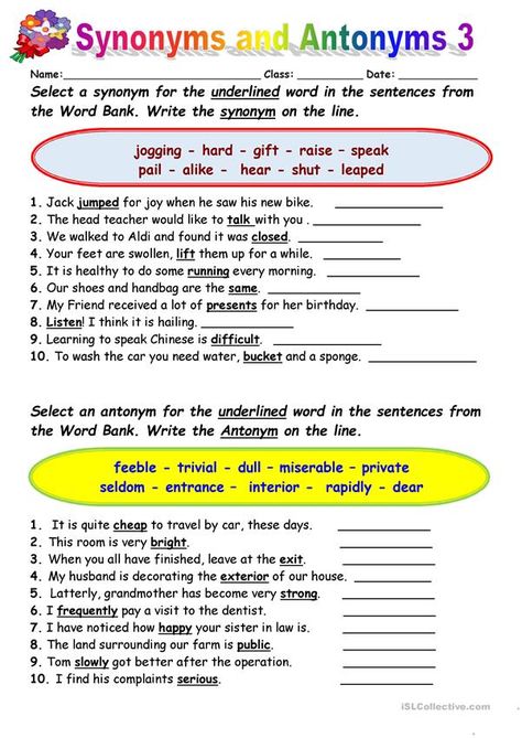 Synonyms vs Antonyms 3 - English ESL Worksheets for distance learning and physical classrooms Synonyms And Antonyms Worksheet Grade 3, Antonyms Worksheet For Grade 5, Synonyms And Antonyms Worksheet Grade 5, Antonyms Worksheet Grade 3, Synonyms Worksheet For Grade 3, Synonym And Antonym Activities, Interesting Synonyms, Synonyms And Antonyms Worksheet, Synonyms Worksheets