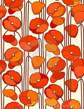 Art Nouveau, Poppies, Flowers, Floral, Red, Pattern, Fabric, Art