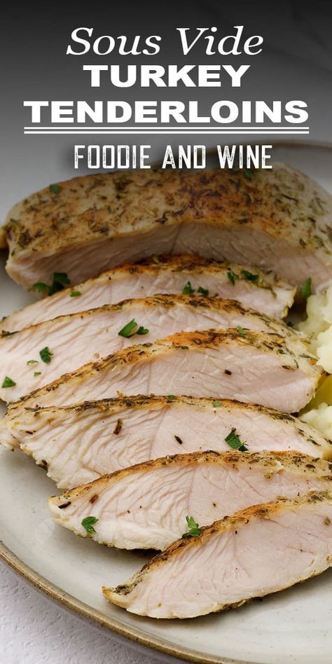 Turkey Tenderloin is coated with a classic turkey rub and cooked in a sous vide water bath, to create a perfectly tender sous vide turkey tenderloin. Turkey Tenderloin recipes are perfect for small family Thanksgiving dinners! Includes directions to make a quick garlic butter and herb pan sauce. Sous Vide Turkey Tenderloin, Small Family Thanksgiving, Turkey Breast Tenderloin Recipes, Turkey Seasonings, Sous Vide Turkey, Turkey Tenderloins, Turkey Tenderloin Recipes, Turkey Rub, Sous Vide Pork