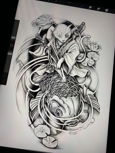 Cat Tattoo Flash, Cat Samurai, Metal Tattoo, Dad Tattoos, Samurai Tattoo, Koi Carp, Japan Tattoo, Tattoo Sketch, Tattoo Work