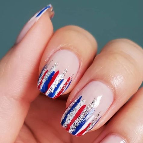 Brenda on Instagram: "Have a happy and safe 4th of July ✨ Products used: #sallyhansensheerhappiness (base) #chinaglazewithlove (red) #chinaglazeborntorule (blue) #essieblanc (white) #lechatnailssilverglitter #nails #nailart #nailsoftheday #nailstyle #naildesign #nailstagram #nailsofinstagram #nailinspo #instanails #4thofjuly #4thofjulynails #july4th #usa #🇺🇸 #redwhiteandblue #fourthofjuly" 4th Of July Nail Ideas For Kids, Short Square Fourth Of July Nails, Fire Work Nails Design 4th Of July, 4thof July Nail Designs, July 4 Th Nails Designs, Forth Of July Nail Art Designs, Simple 4th Of July Nails Fireworks, 4th Of July Short Square Nails, 4ty Of July Nails