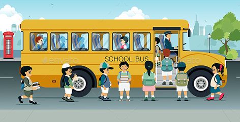 Students are Walking on the Bus School Bus Clipart, Bus Cartoon, Bus Art, Student Picture, Yellow School Bus, Happy Illustration, Figure Drawings, Train Video, School Murals