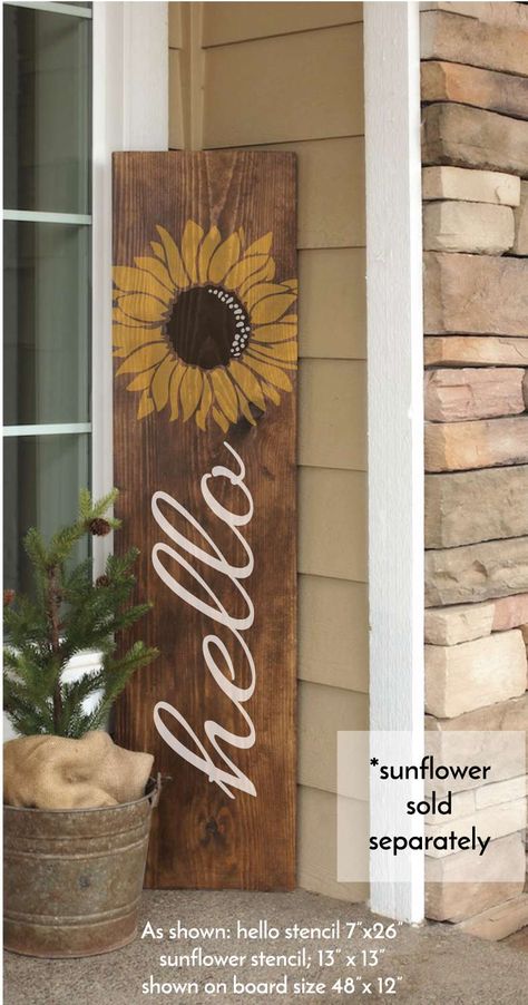 Porch Stencil, Sunflower Crafts, Door Signs Diy, Wooden Porch, Wooden Welcome Signs, Front Porch Signs, Porch Welcome Sign, Diy Porch, Hello Sign