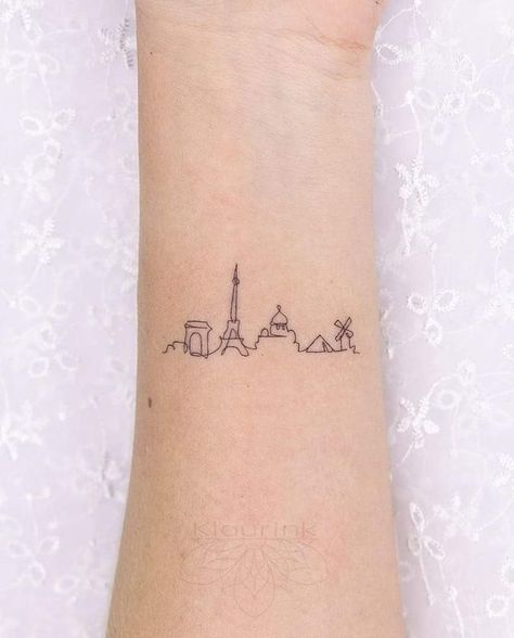 The 90 Most Popular Symbols For Travel Tattoos | Unique & Cute Travel Tattoo Ideas Tattoos To Get In France, Interrailing Tattoo, Paris Tattoo Ideas France, Paris Skyline Tattoo, The Simpsons Tattoo Minimalist, Tiny Paris Tattoo, Europe Trip Tattoo Ideas, Tiny Eiffel Tower Tattoo, Copenhagen Tattoo Ideas