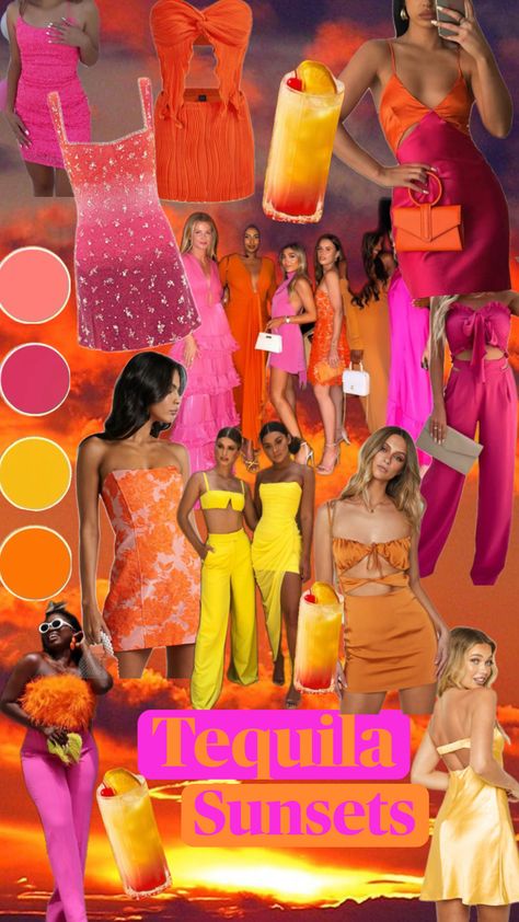 #tequilasunsent #tequilasunrise #tequilasunrisebachelorette #bachelorettetheme #bacheloretteoutfit Color Coordinated Outfits Friends, Tequila Sunrise Bachelorette, Bachelorette Outfit Themes, Tequila Sunset, Sunset Party, Coordinates Outfits, 25th Birthday Parties, Chelsea Wedding, Outfits New York