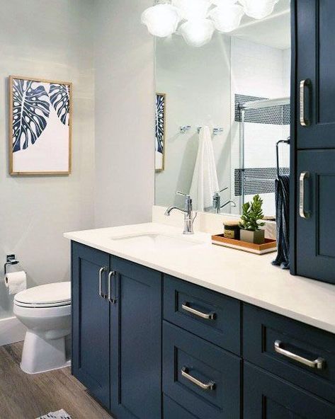 Top 50 Best Blue Bathroom Ideas - Navy Themed Interior Designs Navy Blue Bathroom Decor, Makeover Kamar Mandi, Navy Blue Bathrooms, Blue Bathroom Decor, Hale Navy, Decor Ikea, Blue Cabinets, Boys Bathroom, Budget Bathroom