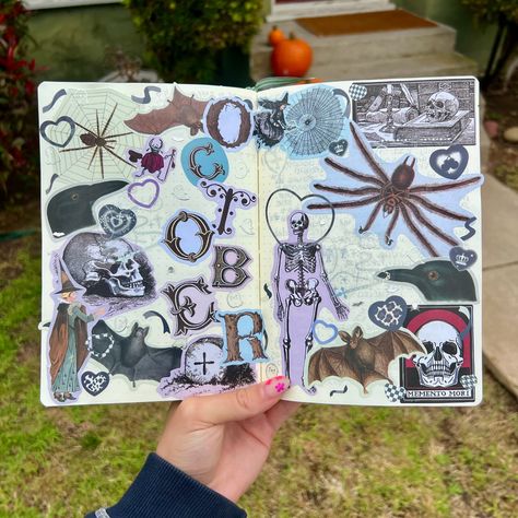 October divider page is HERE! 🎃🍂🖤 Comment “October” and I’ll DM you the 🔗 with all the materials I used for this page :))) I wanted to go for something a bit spookier this year! I used a lot of the skeleton, bat, and spider stickers from the Antiquarian sticker book. I had a lot of fun layering everything :)))) the subtle hues of purple, blue, and black make this page all the more interesting! Let me know what ya’ll think 🖤🖤🖤🖤 Also, what’s your favorite part of October? #journaling #sc... Antiquarian Sticker Book, October Journaling, Diy Journaling, Page Scrapbooking, The Skeleton, Scrapbooking Diy, Found On Amazon, Memento Mori, Sticker Book