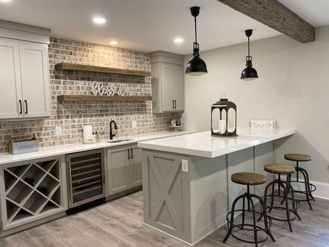 Joanna Gaines Basement Ideas, Basement Bar Ideas With Island, Small Basement Kitchen With Island, Modern Farmhouse Basement Bar, Finished Basement Apartment Ideas, Basement Bar Farmhouse, Modern Farmhouse Basement Ideas, Basement Kitchenette With Island, Basement Kitchen With Island