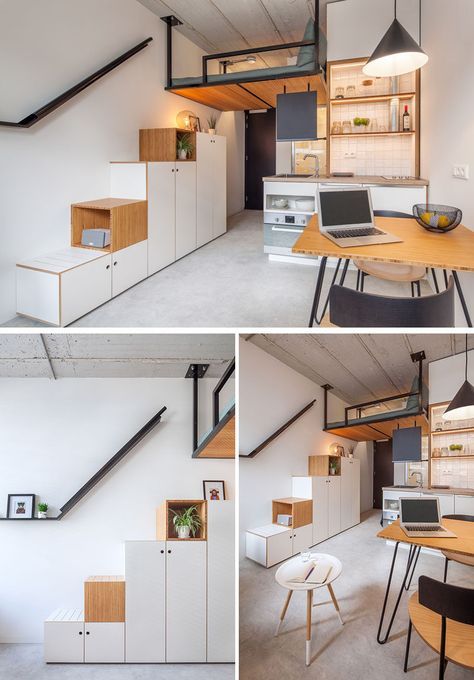 This modern and small apartment has a bed attached to the ceiling, hanging 3 meters above the floor. A large wardrobe does double duty as storage and due to its design, it also acts as a sturdy staircase to the bed. #LoftBed #Stairs #Storage #SmallLiving #ApartmentDesign Small Loft Apartments, A Loft Bed, Tiny Loft, Student Apartment, Apartment Storage, Decor Studio, Small Loft, Small Apartment Design, Loft Interiors