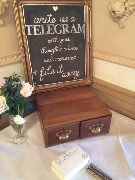 Vintage telegram guest book idea  Down-hall-wedding-venue-essex Vintage Guest Book Ideas, 1920s Wedding Decor, 1920s Wedding Decorations, Vintage Telegram, Vintage Guest Book, Signing Ideas, Vintage Wedding Guest Book, Guess Book, 1920 Wedding