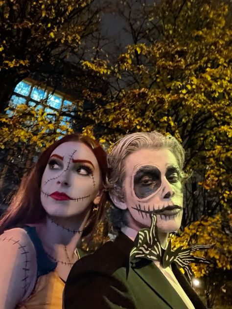 Sally And Jack Makeup, Sally Halloween Costume Diy, Jack And Sally Makeup Halloween, Diy Jack And Sally Costume, Jack Skeleton And Sally Costume, Jack Halloween Makeup, Sally And Jack Costume Couple, Sally And Jack Halloween Costume, Jack Y Sally Disfraz