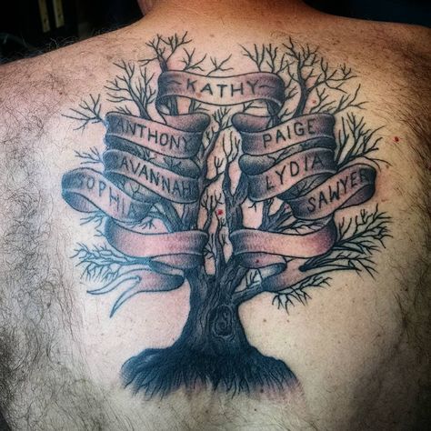 A custom family tree for Jim, who just so happens to be my cousin in the Scutella lineage. Never has the statement, “I put my name on this tattoo,&rdqu Forever Family Tattoo, Tattoos To Represent Family, Family Tree Tattoo Designs, Tattoos Representing Family, Family Name Tattoos, Dragon Tattoo Chest, Tree Tattoo Back, Kid Name Tattoo, Names Tattoos For Men