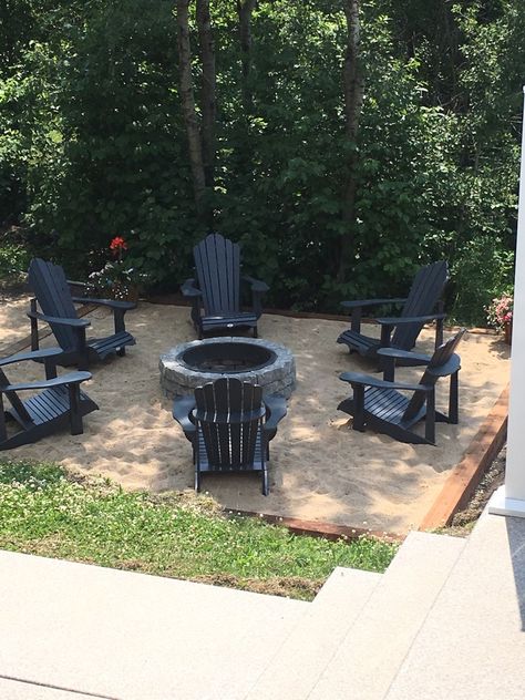 Lowes fire pit, leisure life adirondack chairs, timbers with sand, backyard getaways. Fire Pit Sand Area, Sand In The Backyard, Backyard Sand Fire Pit Ideas, Sand Fire Pit Area Diy, Sandpit Fire Pit, Backyard Beach Fire Pit, Sand Around Fire Pit, Firepits Backyard With Sand, Sand Fire Pit Ideas Backyard