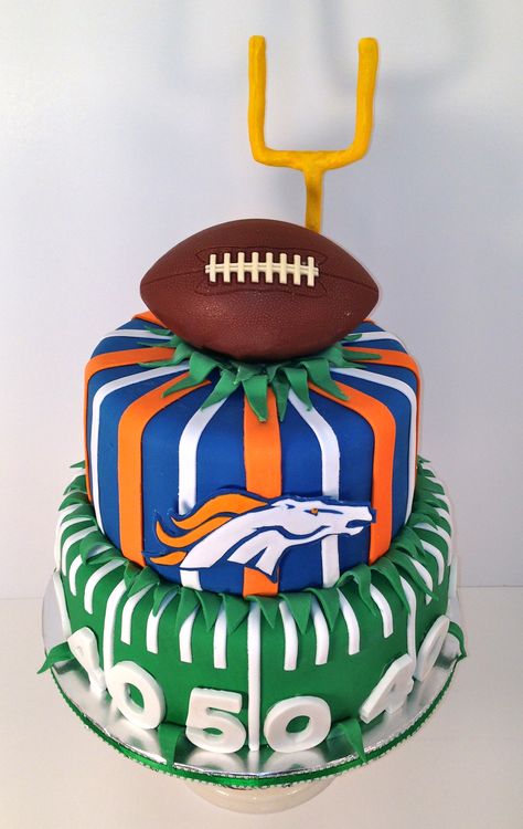 Cakes by Kirsten.  Denver bronco's cake.  #football cake  #denver cake.  #bronco's cake Denver Broncos Cake, Souper Sunday, Green Bay Packers Cake, Packers Cake, Football Wedding Cake, Nfl Cake, Rugby Cake, Superbowl Cake, Football Cakes