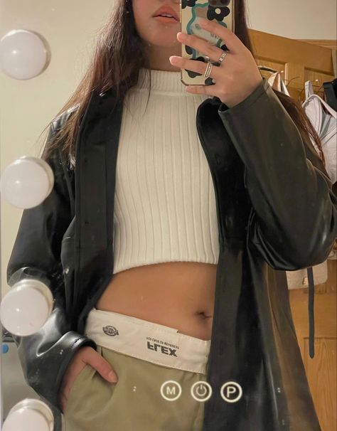 A cropped white turtle neck w/ a leather jacket and Dickies pants. White Turtle Neck, Dickies Pants, Leather Jacket, Turtle Neck, Ootd, Pants, Leather, White, Quick Saves