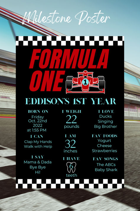 F1 Milestone Poster for baby Boy's 1st Birthday Party! Race 1st Birthday, F1 Bday Theme, First Birthday Formula 1, Ferrari 1st Birthday Party, Fast One 1st Birthday Party, F1 Racing Party Ideas, F1 1st Birthday Party, Formula One Themed Birthday, First Lap Birthday Theme