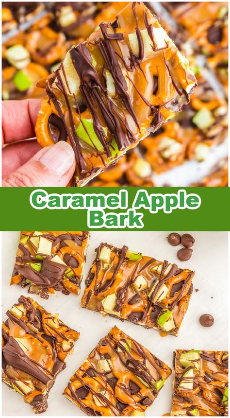 A woman's hand holding a piece of Apple Bark drizzled with chocolate and caramel. Apple Caramel Pretzel Bark, Fresh Caramel Apple Bark, Caramel Apples Using Kraft Caramels, Recipe With Green Apples, Halloween Party Food Apples, Caramel Apple Bark Dessert, Pretzel Apple Caramel, Green Apple Deserts, Christmas Dishes For Party