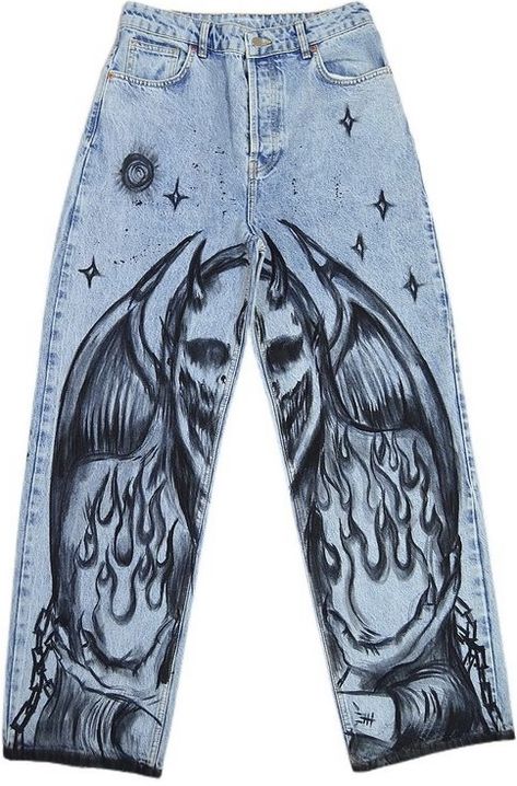 Sharpie Jeans Grunge, Men Painted Jeans, Drawn On Jeans Grunge, Pants With Drawings On Them, Custom Pants Jeans, Custom Pants Paint, Painted Blue Jeans, Graffiti Clothes, Denim Jacket Diy Paint