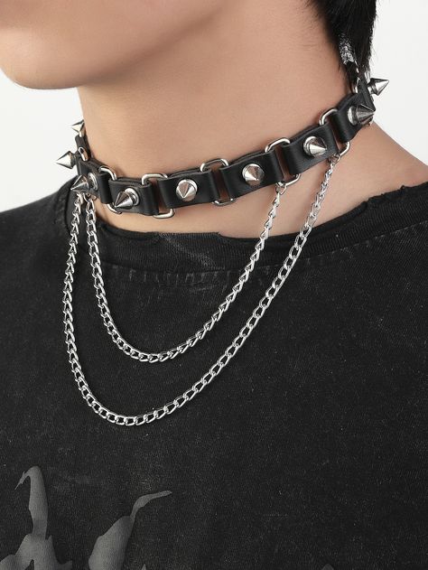 Black Funky Collar  PU Leather  Chokers Embellished   Jewelry Men With Choker, Men Wearing Chokers, Chokers For Men, Punk Choker Men, Endgame Aesthetic, Male Choker, Goth Fashion Men, Emo Mode, Choker Men