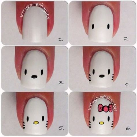 Nails, Nail Art, Nail Design, Tutorial, How To, Manicure, Sanrio, Hello Kitty, Bow, Pink, White, Black, Yellow Hello Kitty Nail Art, Kitty Nail Art, Tumblr Nail Art, Paznokcie Hello Kitty, Hello Kitty Nails Art, Hello Kitty Nail, Kitty Nail, Diy Hello Kitty, Kids Nail Designs