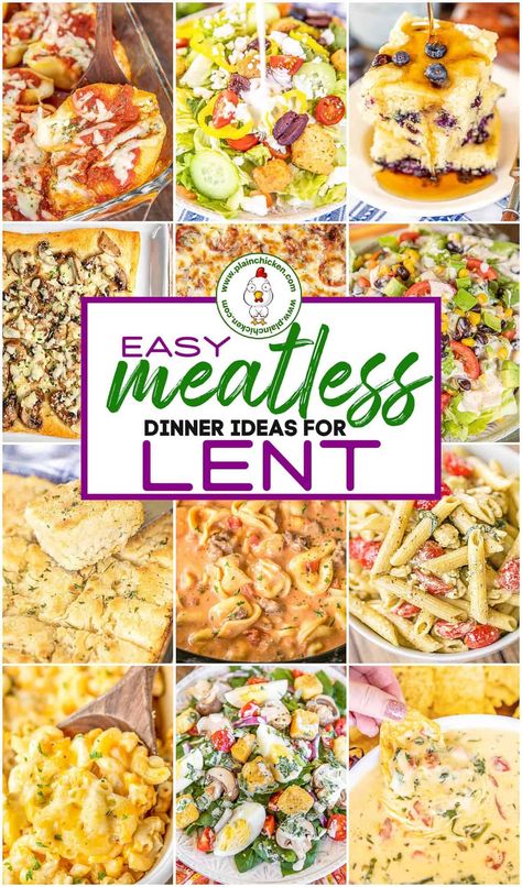 Meatless Dinner Ideas for Lent - six weeks of dinner menus to help you go meatless during Lent. All of the recipes are quick, easy, and delicious! We've got soups, pasta casseroles, pizza, salads, pasta salads, and bread. Skip grabbing a Filet O'Fish sandwich at the drive-thru and whip up one of these delicious menus instead! #lent #meatless #salad #soup #pasta Lent Recipes Meatless Meals, Lent Dinner Ideas, Meatless Dinner Recipes, Ideas For Lent, Meatless Dinner Ideas, Veggie Grilled Cheese, Recipes For Lent, Pasta Casseroles, Lenten Recipes