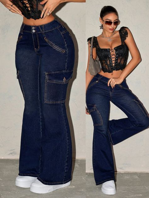 Women Water-Washed High-Waisted Flared Jeans With Flap Pockets Blue Casual   Denim Plain Flare Leg Medium Stretch  Women Clothing, size features are:Bust: ,Length: ,Sleeve Length: Denim Flare Jeans Outfit, Jeans For Thick Thighs, Fancy Pants Outfit, Flair Jeans Outfit, Dark Jeans Outfit, Latina Clothes, Flare Jeans Outfit, Casual Chic Outfits, Flair Jeans