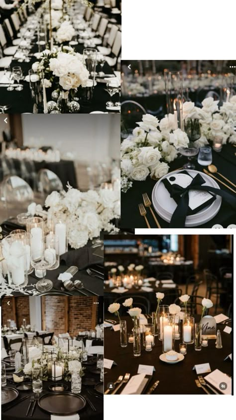 Black And White Wedding Color Schemes, Black And White And Champagne Wedding, Spring Black And White Wedding, Black Tie Wedding Details, Black Tie Wedding Centerpieces, White And Black Wedding Reception, Champagne Black And White Wedding, Taupe And Black Wedding, Black Tie Wedding Flowers