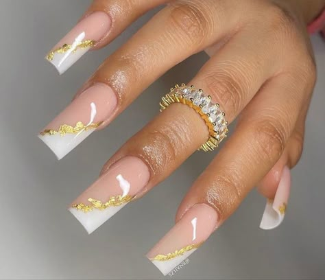 Gold With White Nails, Gold Flake French Tip Nails, Nude White Nail Designs, French Tip With Gold Design, Short White And Gold Nails, White Gold Nails Design, White With Gold Nails, White French Tip With Gold, White And Gold Nails