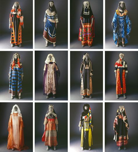 Typology of Saudi Arabian dress. From the Mansoojat Foundation... Bedouin Art, Clothe Reference, Desert Clothing, Abaya Styles, Historical Outfits, Arabian Dress, Arabian Night, Arabian Women, Arab Fashion