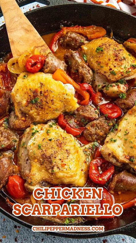 Chicken Scarpariello looking extra yummy. Chicken Scarpariello Recipe, Chicken Scarpariello, Chicken Sausage Recipes, Italian Chicken Recipes, Mild Italian Sausage, Hot Italian Sausage, Sausage And Peppers, Chicken Sausage, Chicken Dishes Recipes