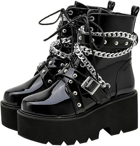 Amazon.com | Parisuit Womens Goth Patent Ankle Boots Platform Chunky High Heel Lace Up Combat Boots Punk Buckle Chain Booties-black size 8.5 | Ankle & Bootie Botas Goth, Witchy Shoes, Mode Grunge Hipster, Witchy Boots, Chain Boots, Boots Goth, Goth Boots, Body Dimensions, Witch Shoes