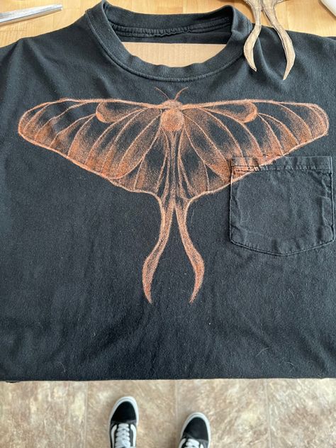 Bleach art bleach painting moth T-shirt Painted Bleach Shirts, Bleached Moth Shirt, Moth T Shirt, Bleach Moth Shirt, Bleach Art Sweatpants, Butterfly Bleach Hoodie, T Shirt Bleach Art, Bleach On Shirt Art, Bleach Painting Clothes Anime