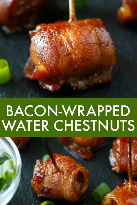 Bacon-Wrapped Water Chestnuts - Everyone goes NUTS over this easy appetizer. Whole water chestnuts are wrapped in bacon and marinated in a sweet/savory sauce. Water Chestnut Bacon Wrap, Bacon And Water Chestnut Appetizer, Meat Appetizer Recipes, Bacon Wrapped Water Chestnuts Recipe, Bacon Wrapped Water Chestnuts, Bacon Wrapped Appetizers, Chestnut Recipes, Simply Stacie, Bacon Appetizers