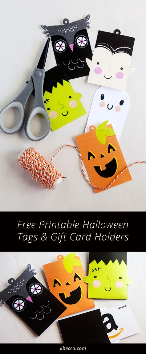 Free Printable Cute Halloween Tags for Treat Bags & Gift Card Holders {subscription required} from k.becca Diy Halloween Gift Card Holder, Halloween Gift Tags For Kids, Halloween Gift Card Ideas, Halloween Gift Card Holders, Halloween Tags Printables, Halloween Gift Tags Printable Free, Halloween Tags For Treat Bags, Boxes Cricut, Tags Printable Free