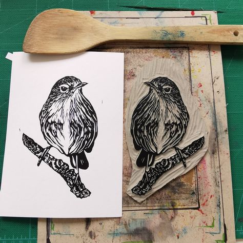 Hand carved lino print of a Robin sitting on a branch  I carve my designs into lino and then burnish by using a trusty spatula and metal spoon, this process means there may be variations in the image but this adds to the originality of the print. For this print i have used Black Cranfield safewash oil based ink and white snowdon card, 300gsm. *frame and mount are not included *  Prints will be sent in do not bend envelopes with all packaging fully recyclable. Lino Print Robin, Robin Lino Print, Bird Lino Print, Linocut Crow, Robin Linocut, Lino Print Art, Linocut Birds, Lino Cut Art, Bird Linocut