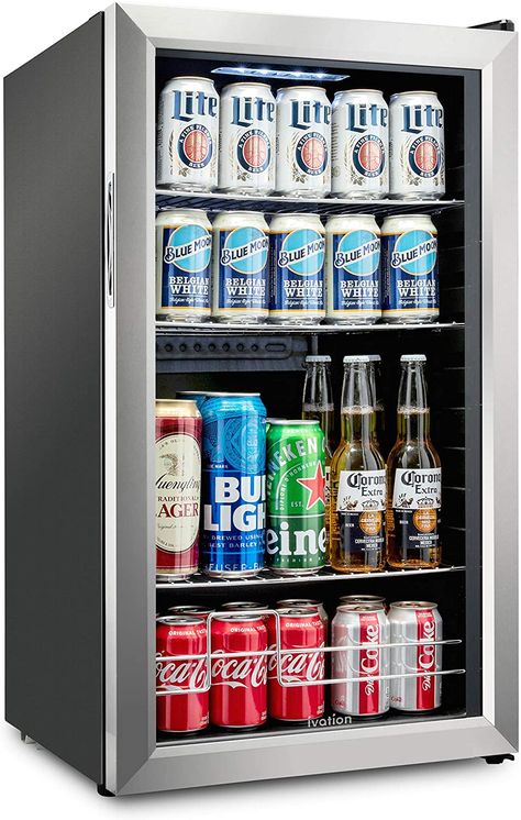 Amazon.com: Ivation 126 Can Beverage Refrigerator | Freestanding Ultra Cool Mini Drink Fridge | Beer, Cocktails, Soda, Juice Cooler for Home & Office | Reversible Glass Door & Adjustable Shelving, Stainless Steel : Appliances Glass Door Fridge, Drinks Fridge, Cool Mini Fridge, Drink Fridge, Beverage Fridge, Beer Fridge, Interior Led Lights, Beverage Center, Beverage Refrigerator