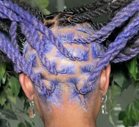 Light Purple Locs Black Women, Colored Roots Locs, Dyed Hair Inspiration Locs, Half Colored Locs, Locs Hairstyles Dyed, Purple Dyed Locs, Dark Blue Locs Black Women, Dread Hair Color Ideas, Locs With Peekaboo Color