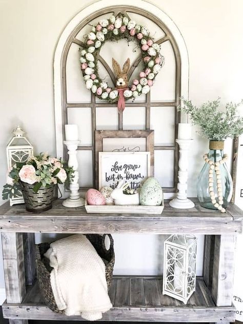 100 Simple Easter Decor Ideas for 2021 » Lady Decluttered Simple Easter Decor, Arched Wall Decor, Farmhouse Easter Decor, Stil Rustic, Foyer Decorating, Spring Easter Decor, Diy Interior, Entry Table, Decor Guide