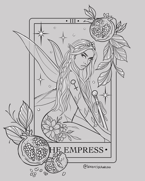 Empress Card Tattoo, Karma Tarot Card Tattoo Design, The Empress Tarot Tattoo Ideas, The Empress Tarot Tattoo Simple, Tarot Empress Tattoo, The Emperor Tarot Tattoo, Aquarius Tarot Card Tattoo, Emperor Tarot Tattoo, Cute Colourful Tattoos