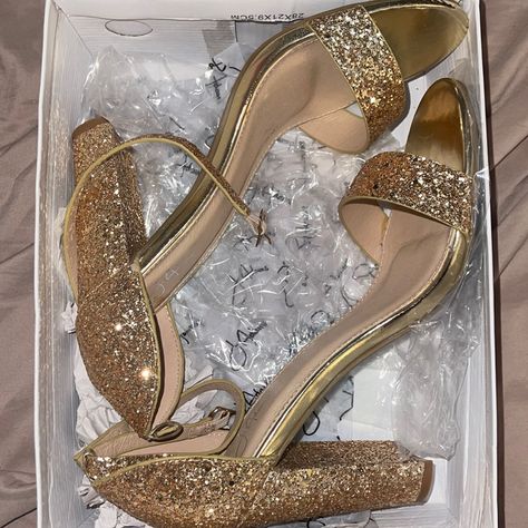 Women Heels Gold Glitter Brand New Heels Gold Glitter, Wedding Shoes Bride Gold, Gold Sparkly Heels Prom, Gold Prom Shoes Heels, Sweet Sixteen Shoes, Gold Thick Heels, Quince Heels Gold, Gold Quince Shoes, Golden Quinceanera Theme