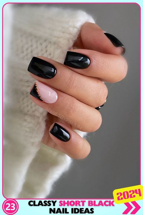 Square-shaped short black nails with nude base and black studs. Gel, glossy finish. Ideal for edgy, stylish looks. Keywords: short black nails, square nails, studded nails. Shellac Nails Fall, Fake Nails White, Holiday Acrylic Nails, Kutek Disney, Ballet Nails, Manikur Kuku, Christmas Gel, Milky Nails, October Nails