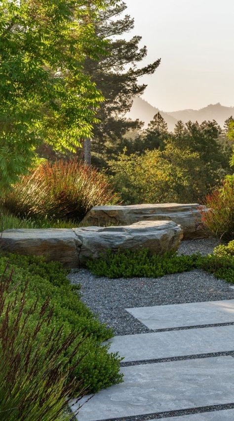 Landscape Ideas With Boulders, Wellness Garden Design, Embankment Landscaping Ideas, Rocks Around Pool, Landscape Boulders, Boulder Garden, Landscaping With Boulders, Landscape Stone, Gravel Garden