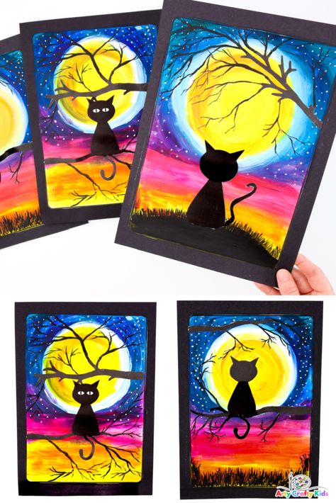 Varjak Paw, Art Plastique Halloween, Cat Silhouette Art, Halloween Art Lessons, Halloween Art Projects, Black Cat Silhouette, October Art, Halloween Kunst, Fall Art Projects