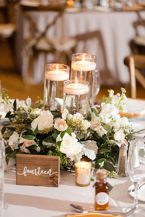 Rustic Elegant Wedding Reception Decor, White, Blush Pink, Ivory and Greenery Centerpiece with Tall Glass Cylinder Floating Candles and Wooden Table Number Sign Elegant Wedding Reception Decor, Table Number Sign, Greenery Centerpiece, Harbor Wedding, Rustic Wedding Decorations, Tafel Decor, Rustic Elegant Wedding, Candle Wedding Centerpieces, Wedding Reception Decor