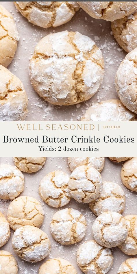 Nutty, Browned Butter Crinkle Cookies have a rich flavor, and a soft, chewy texture. They're coated in powdered sugar before baking, which gives them their signature snowflake-like appearance upon baking. Perfect for a holiday cookie exchange or just because! #wellseasonedstudio #crinklecookie #cookierecipe #brownedbutter Brown Butter Crinkle Cookies, Snickerdoodle Crinkle Cookies, Sourdough Crinkle Cookies, Vanilla Crinkle Cookies Recipe, Brown Butter Christmas Cookies, Vanilla Crinkle Cookies, Cinnamon Crinkle Cookies, Dough Desserts, Powdered Sugar Cookies