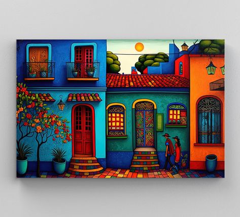 Sip And Paint Ideas Mexican, Mexican Digital Art, Mexican Village Paintings, Mexican Wall Mural, Mexican Modern Art, Mexican Art Work, Mexican Artwork Paintings, Painting For Bedroom Walls Canvases, Mexico Art Culture