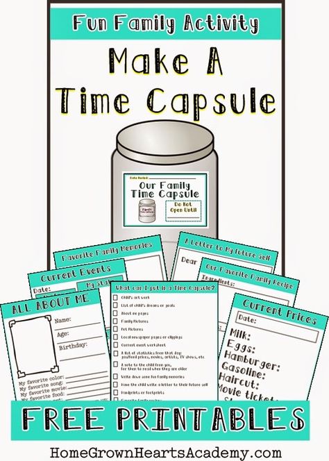 Fun Family Activity: Make a Time Capsule. Free Printables https://homegrownheartsacademy.blogspot.com/2015/01/make-time-capsule.html Time Capsule Printable Free, Kindergarten Time Capsule, Time Capsule Ideas For Teens, Make A Time Capsule, Time Capsule Kids, Time Capsule Ideas, Homeschool Education, Family Fun Night, Family Home Evening