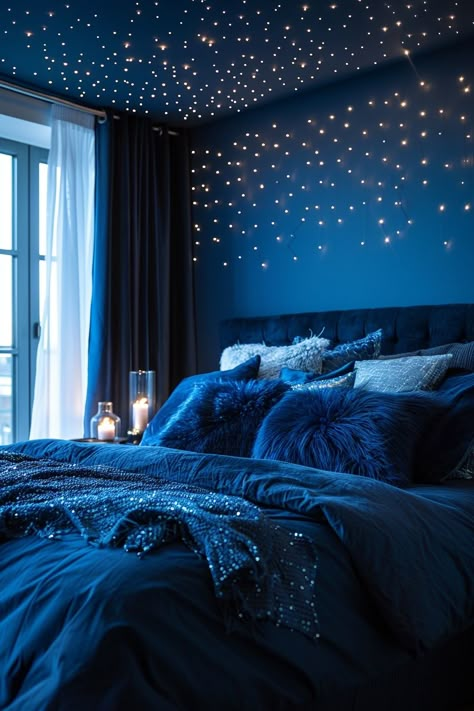 Star Themed Bedroom, Cozy Bedroom Inspirations, Starry Night Bedroom, Gaming Nook, Dark Cozy Bedroom Ideas, Dark Blue Rooms, Dark Cozy Bedroom, Dark Blue Bedrooms, Elegant Room