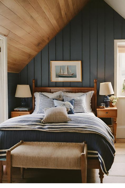 Nautical Bedroom Master, Moody Coastal Decor, Updated Victorian, Lakehouse Bedroom, Nautical Bedroom, Lake House Interior, Attic Bedroom, Cottage Bedroom, Lake Cottage